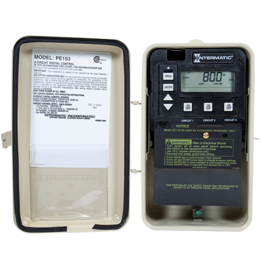 Product image for Intermatic PE153P NEMA 3 Plastic Case 120/240 VAC 50/60 Hz 17 Amp Digital 3-Circuit Time Switch