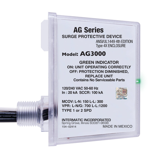 Product image for Intermatic AG3000 120/240 VAC 10 kA In Rating ANSI/UL1449 3rd Edition 1-Phase Surge Protection Device