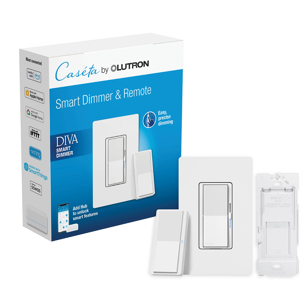 Product image for Lutron DVRF-PKG1D-WH Caseta Wireless Diva Smart Dimmer Expansion Kit, w/ Dimmer, Wallplate & Remote - White