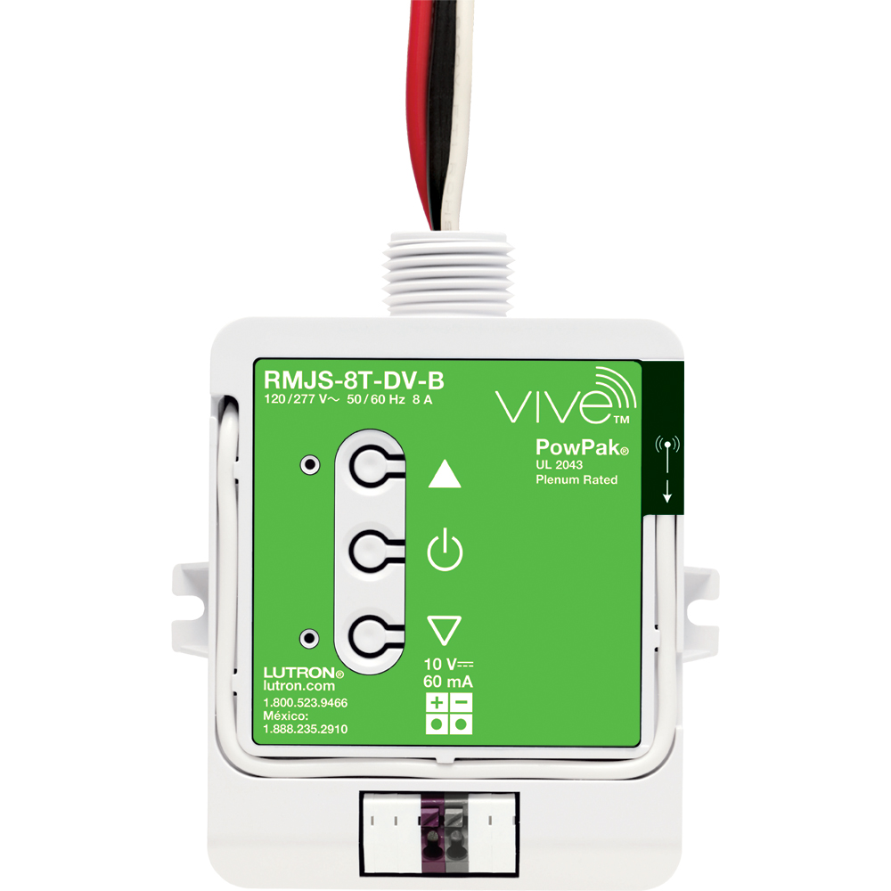 Product image for Lutron RMJS-8T-DV-B Vive™ PowPak Dimming Module, 0-10V Control, 120/277V, 433.05 - 434.79 MHz