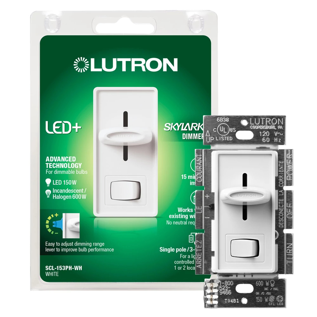 Product image for Lutron SCL-153PH-WH 600 W 120 Volt White 1-Pole/3-Way Incandescent/Halogen Dimmer