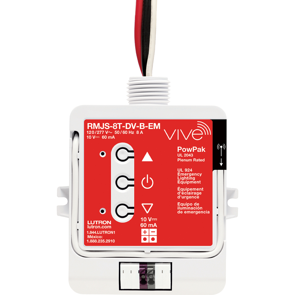 Product image for Lutron RMJS-8T-DV-B-EM Vive™ PowPak Emergency Dimming Module w/ 0-10V Control, 120/277V, 431.0 - 437.0 MHz