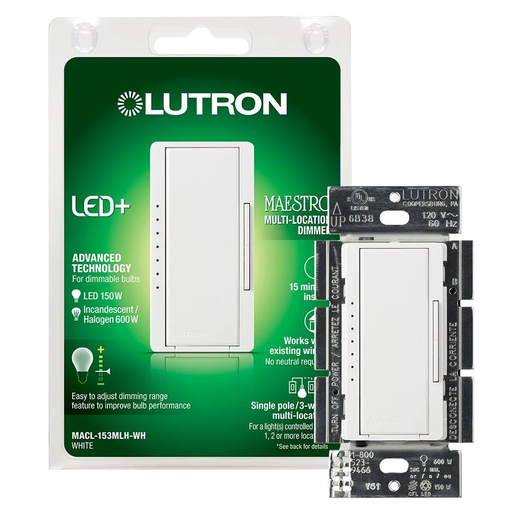 Product image for Lutron MACL-153MH-WH 600 W 120 Volt White 1-Pole/3-Way/Multi-Location Incandescent/Halogen Dimmer