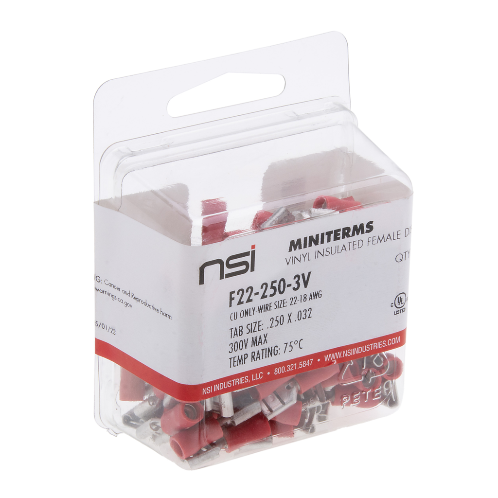 Product image for NSI F22-250-3V 0.25 x 0.032 Inch 22 to 18 AWG Red Vinyl Insulated Female Disconnect