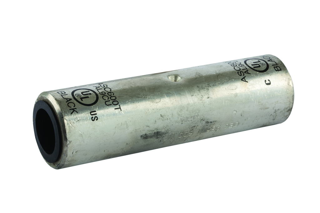 Product image for NSI ASC600T 600 MCM Black Tinned Aluminum Standard Barrel 2-Conductor Dual Rated Compression Splice