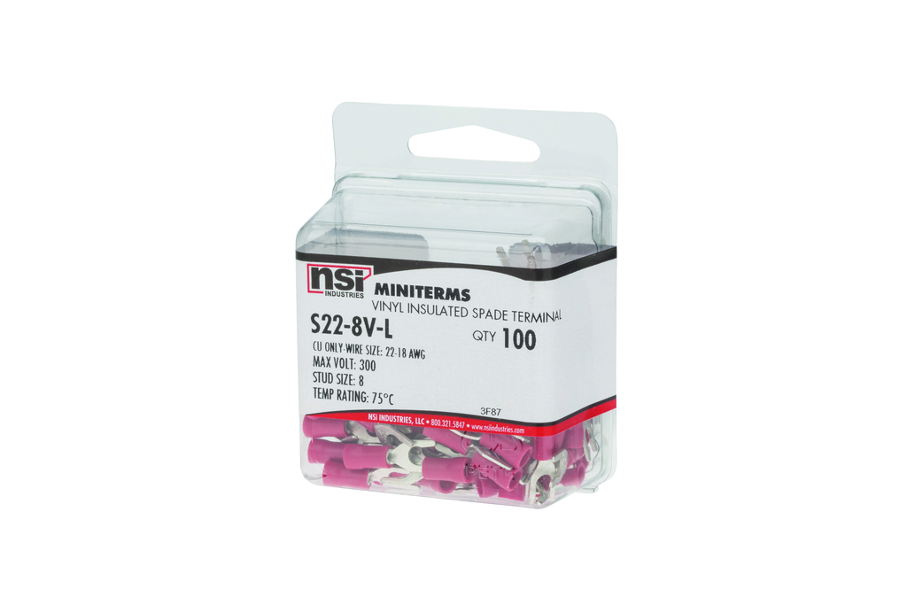 Product image for NSI S22-8V-L #8 Stud 22 to 18 AWG Red Vinyl Insulated Locking Spade Terminal