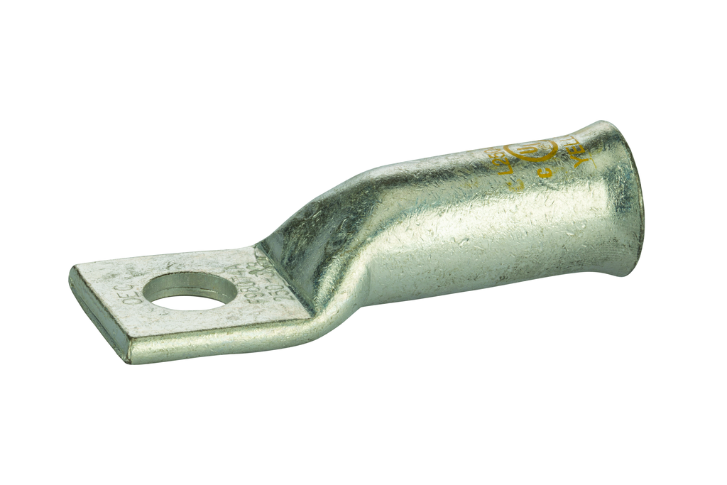Product image for NSI L25048B 1/2 Inch 250 MCM Yellow Copper Belled End Long Barrel 1-Hole Compression Lug