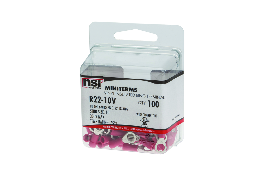 Product image for NSI R22-10V #10 Stud 22 to 18 AWG Red Vinyl 1-Hole Insulated Ring Terminal