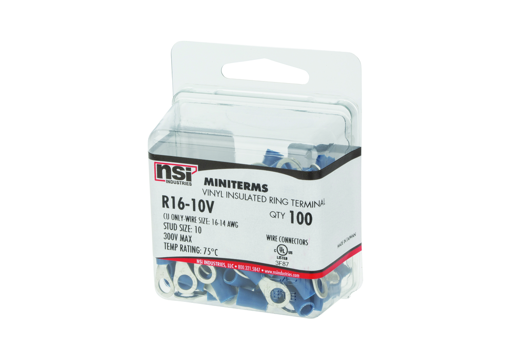Product image for NSI R16-10V #10 Stud 16 to 14 AWG Blue Vinyl 1-Hole Insulated Ring Terminal