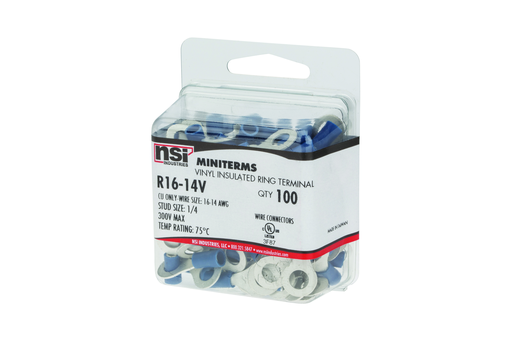 Product image for NSI R16-14V 1/4 Inch 16 to 14 AWG Blue Vinyl 1-Hole Insulated Ring Terminal