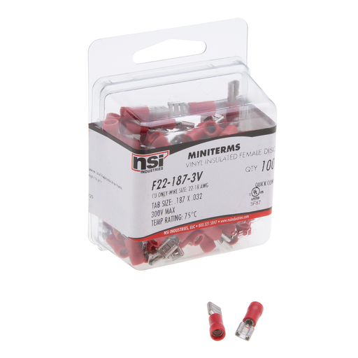 Product image for NSI F22-187-3V 0.187 x 0.032 Inch 22 to 18 AWG Red Vinyl Insulated Female Disconnect