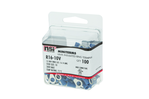 Product image for NSI R16-10V #10 Stud 16 to 14 AWG Blue Vinyl 1-Hole Insulated Ring Terminal