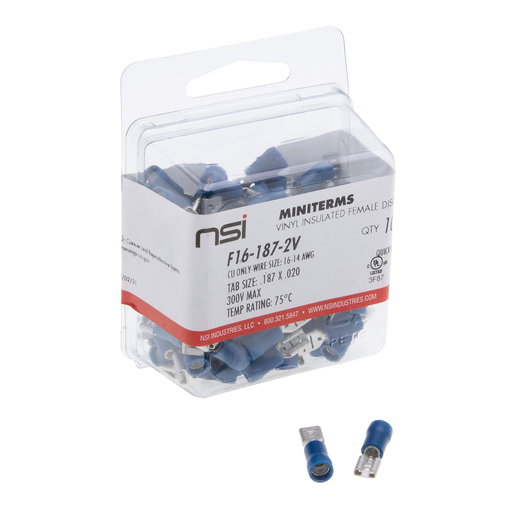 Product image for NSI F16-187-2V 0.187 x 0.02 Inch 16 to 14 AWG Blue Vinyl Insulated Female Disconnect