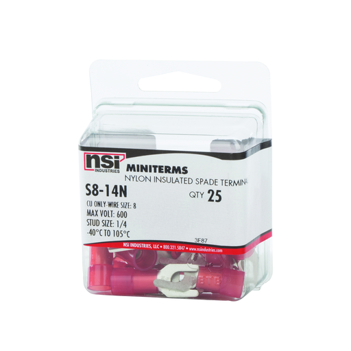 Product image for NSI S8-14N 1/4 Inch 8 AWG Red Nylon Insulated Spade Terminal