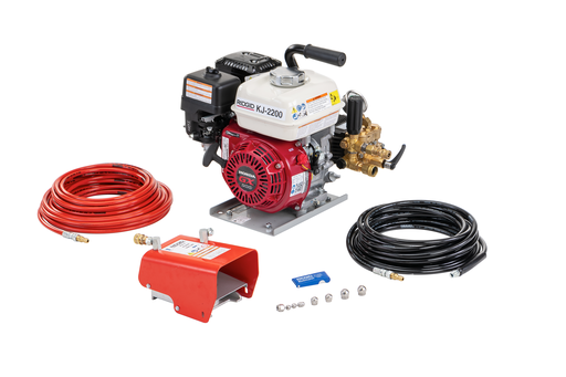 KJ-2200 Jetter with Pulse – H-61, H-62, and H-64 1⁄8" NPT Nozzles – H-71 and H-72 1⁄4" NPT Nozzles – 75' x 3⁄16" (22.8 m x 4.8 mm) Trap Hose – FV-1 Foot Valve – Nozzle Cleaning Tool – H-1235 Wash Wand Hose 1⁄2" x 35' (10.7 m x 12.7 mm), 63877