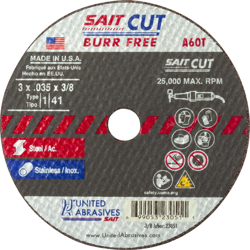 23041 A60T Burr Free Thin High Speed Cut-Off Wheels 3" x 1/16" x 3/8", 5-Pack
