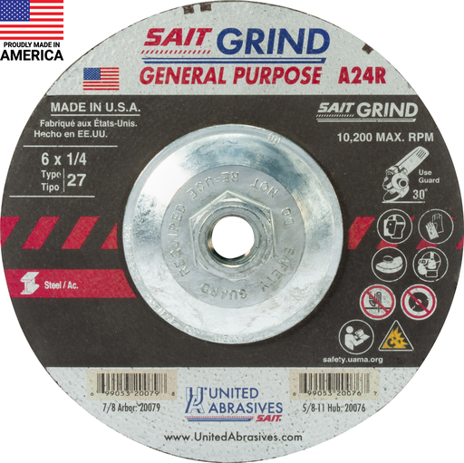 20076 A24R General Purpose/Long Life Grinding Wheel (Type 27/Depressed Center) 6" x 1/4" x 5/8-11", 10-Pack