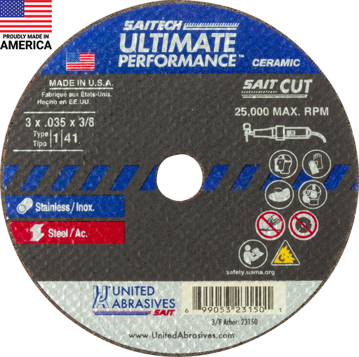 23150 Saitech Ultimate Performance™ Thin High Speed Cut-Off Wheels 3" x .035" x 3/8", 1-Pack
