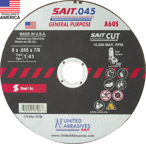23106 A60S General Purpose Cut-Off Wheels (Type 1/Type 41 Flat) 6" x .045"x 7/8", 50-Pack