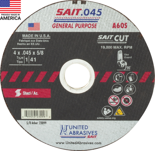 23099 A60S General Purpose Cut-Off Wheels (Type 1/Type 41 Flat) 4" x .045" x 5/8", 50-Pack