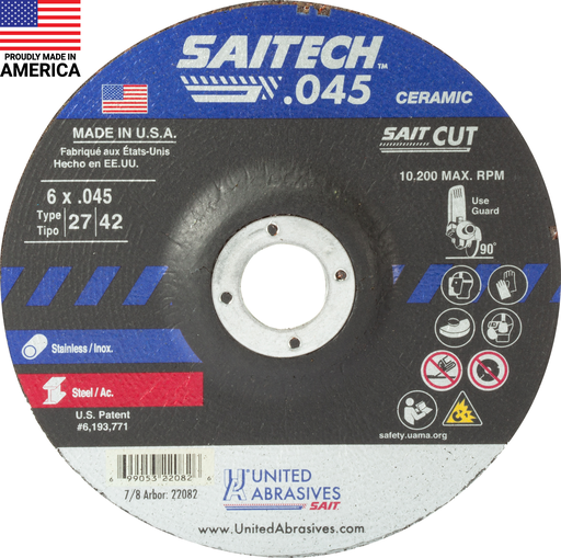 22082 Saitech™ High Performance Cut-Off Wheels (Type 27/Type 42 Depressed Center) 6" x .045" x 7/8", 50-Pack