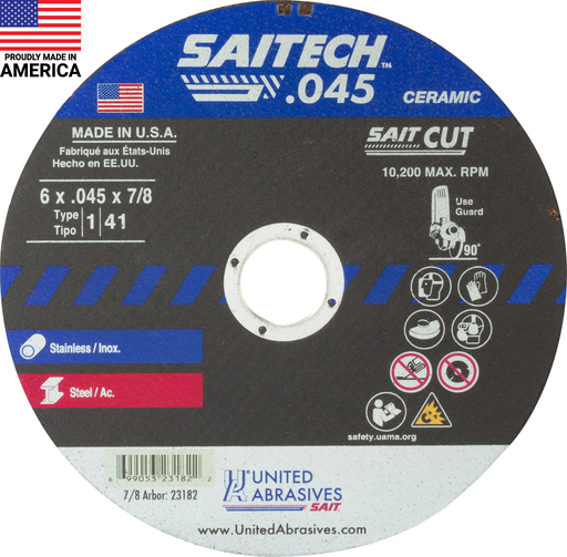 23182 Saitech™ High Performance Cut-Off Wheels (Type 1/Type 41 Flat) 6" x .045"x 7/8", 50-Pack