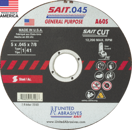 23103 A60S General Purpose Cut-Off Wheels (Type 1/Type 41 Flat) 5" x .045" x 7/8", 50-Pack