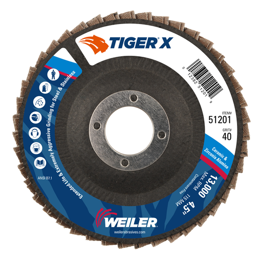 4-1/2" Tiger X Flap Disc, Angled (TY29), Phenolic Backing, 40Z, 7/8" Arbor Hole