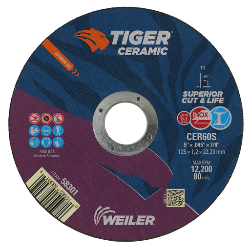5" x .045" TIGER CERAMIC Type 1 Cut-Off Wheel CER60S 7/8 A.H.
