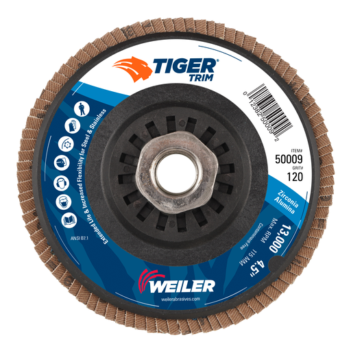 4-1/2" Tiger Trim Abrasive Flap Disc, Conical (TY29), Trimmable Backing, 120Z, 5/8"-11 UNC Nut