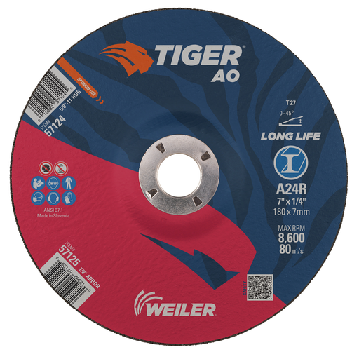 7" x 1/4" TIGER AO Type 27 Grinding Wheel, A24R, 7/8" A.H.