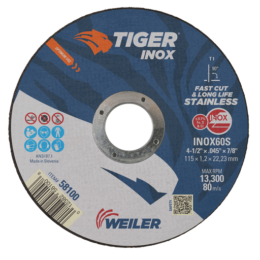 4-1/2" x .045" TIGER INOX Type 1 Cut-Off Wheel, INOX60S, 7/8" A.H.