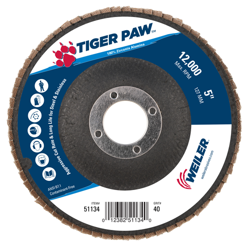 5" Tiger Paw Abrasive Flap Disc, Flat (TY27), Phenolic Backing, 40Z, 7/8" Arbor Hole