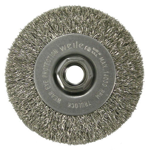 4" Narrow Face Crimped Wire Wheel, .014" Stainless Steel Fill, 5/8"-11 UNC Nut