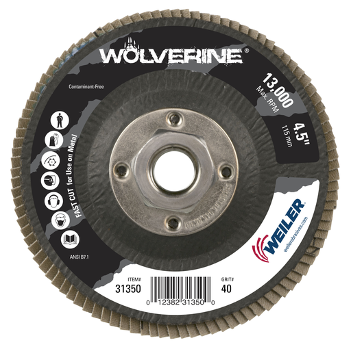 4-1/2" Wolverine Abrasive Flap Disc, Conical (TY29), Phenolic Backing, 40Z, 5/8"-11 UNC Nut