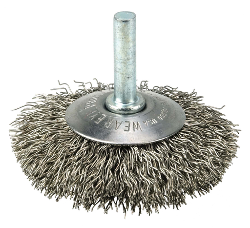 2-1/2" Stem-Mounted Concave Crimped Wire Wheel, .014" Stainless Steel Fill, 1/4" Stem