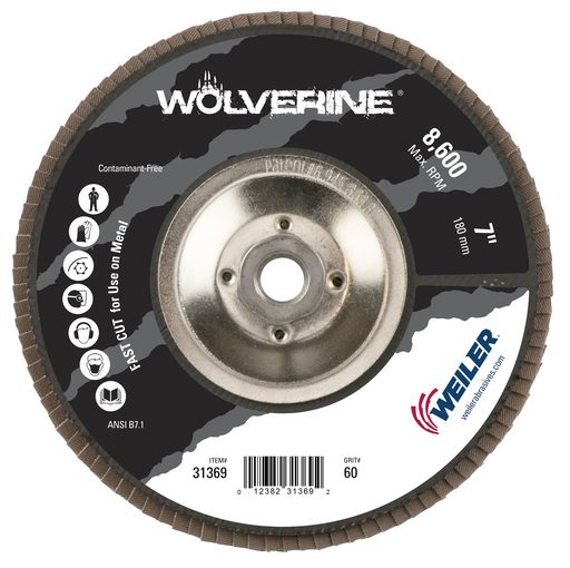 7" Wolverine Abrasive Flap Disc, Conical (TY29), Phenolic Backing, 60Z, 5/8"-11 UNC Nut