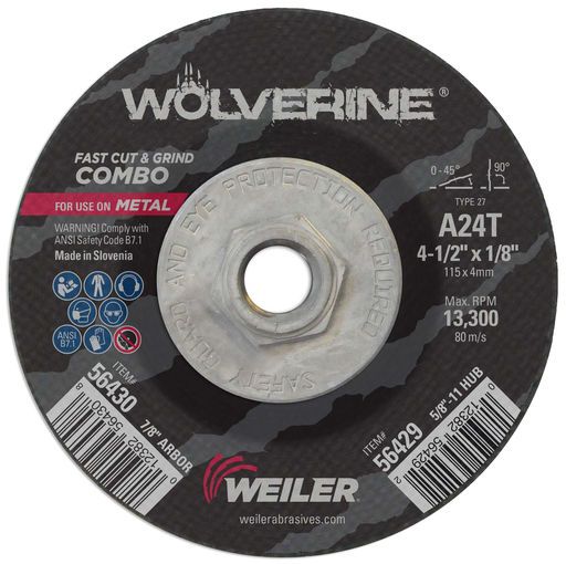 4-1/2" x 1/8" Wolverine Type 27 Cut/Grind Combo Wheel, A24T, 5/8"-11 Nut