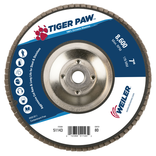 7" Tiger Paw Abrasive Flap Disc, Flat (TY27), Phenolic Backing, 80Z, 5/8"-11 UNC Nut