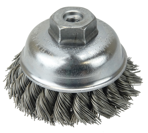 3-1/2" Single Row Knot Wire Cup Brush, .023" Steel Fill, M10x1.25 Nut