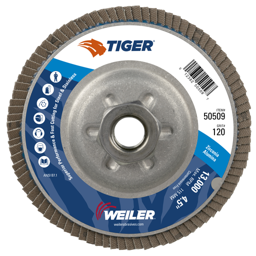 4-1/2" Tiger Disc Abrasive Flap Disc, Conical (TY29), Aluminum Backing, 120Z, 5/8"-11 UNC Nut