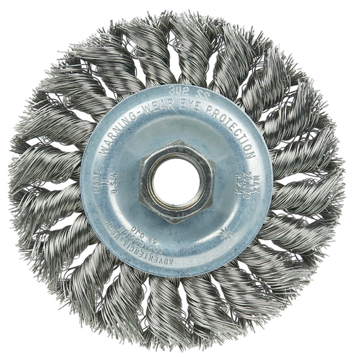 Wolverine 4" Knot Wire Wheel, Standard Twist, .014" Stainless Steel , 5/8"-11 UNC Nut