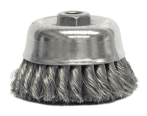 4" Double Row Knot Wire Cup Brush, .020" Stainless Steel Fill, 5/8"-11 UNC Nut