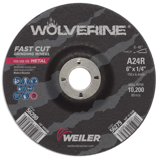 6" x 1/4" Wolverine Type 27 Grinding Wheel, A24R, 7/8" A.H.