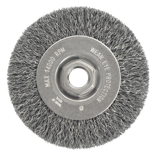 Wolverine 4" Crimped Wire Wheel, .014" Steel Fill, Narrow Face, 5/8"-11 UNC Nut