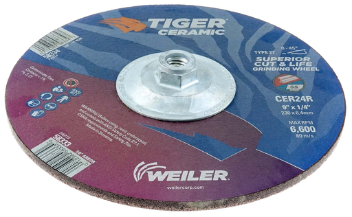 9" x 1/4" TIGER CERAMIC Type 27 Grinding Wheel CER24R 5/8-11 Nut