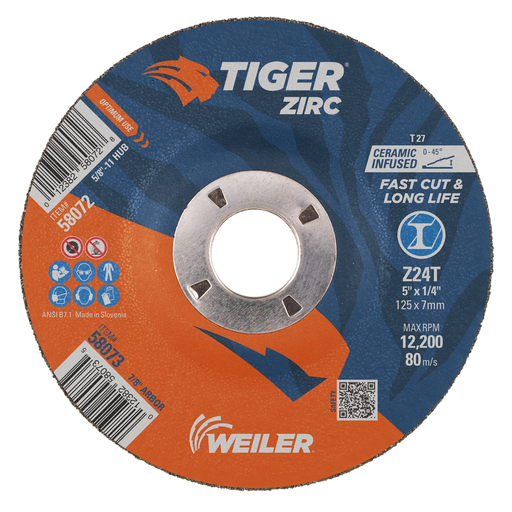 5" x 1/4" TIGER ZIRC Type 27 Grinding Wheel, Z24T, 7/8" A.H.