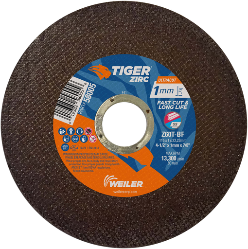 4-1/2" x 1mm TIGER ZIRC ULTRACUT Type 1, Z60T, 7/8" A.H.