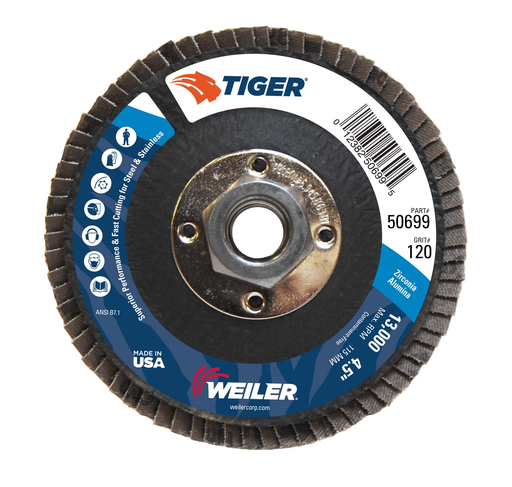 4-1/2" Tiger Disc Abrasive Flap Disc, Flat (TY27), Phenolic Backing, 120Z, 5/8"-11 UNC Nut