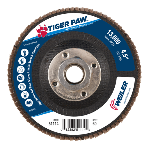 4-1/2" Tiger Paw Abrasive Flap Disc, Flat (TY27), Phenolic Backing, 60Z, 5/8"-11 UNC Nut